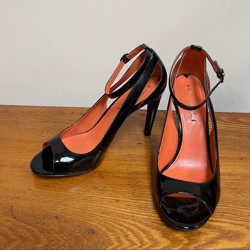 Via Spaga Black Patton Leather Heels
